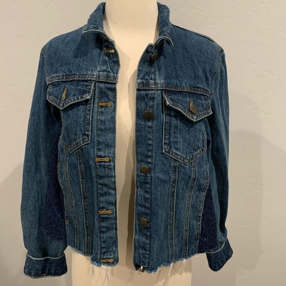 Free People Denim Jean Jacket with Navy Lace Embellishment Sides - Picture 1 of 9